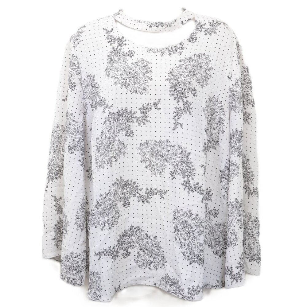 Chico's PLUS Size 3 (16/18 ) Paisley Polka Dots Chiffon Blouse Top Shirt Bell Sl